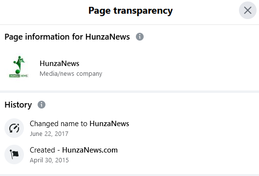 Şekil 2. HunzaNews Facebook sayfasının önceki alan adını referans alarak oluşturulma tarihi