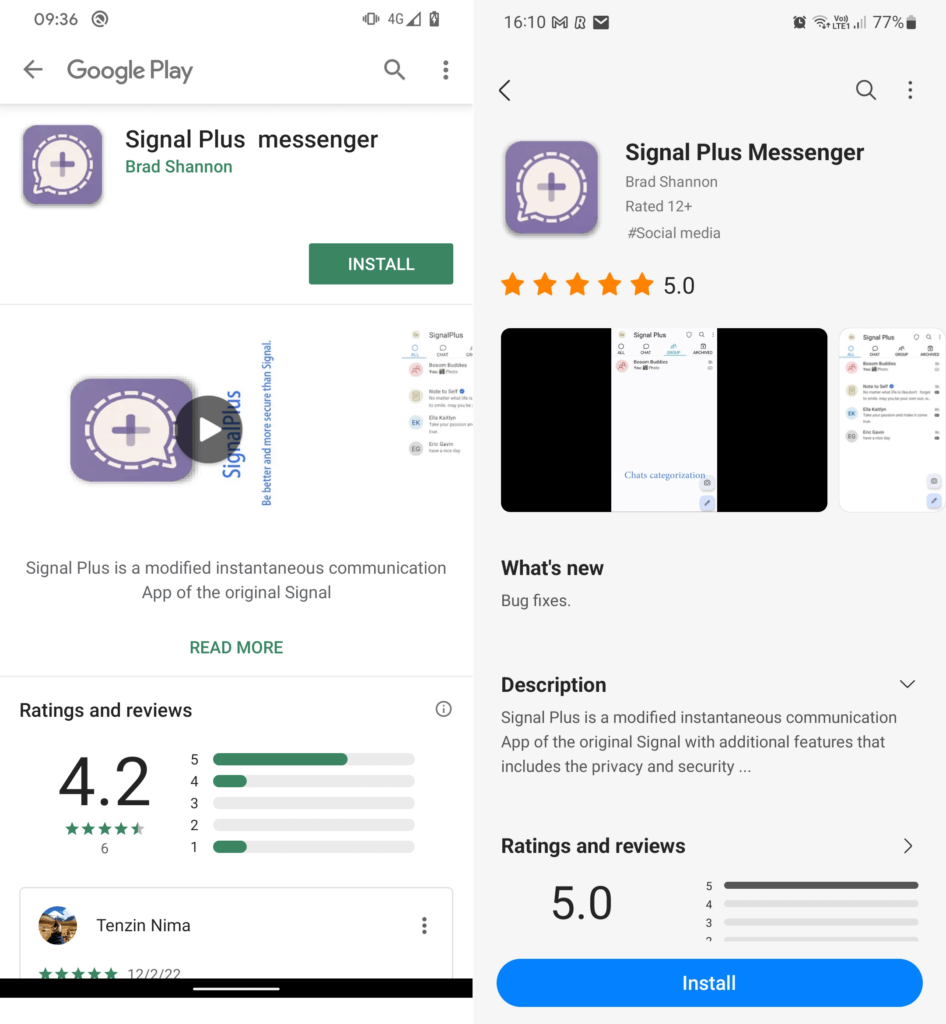 Şekil 2. Kötü amaçlı Signal Plus Messenger sahte mesajlaşma uygulaması bir zamanlar Google Play (solda) ve Samsung Galaxy Store'da (sağda) mevcuttu
