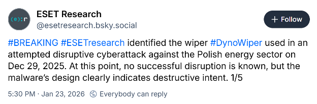 Sandworm saldırısı, ESET araştırmacıları tarafından analiz edilen ve DynoWiper olarak adlandırılan veri silme kötü amaçlı yazılımını içeriyordu