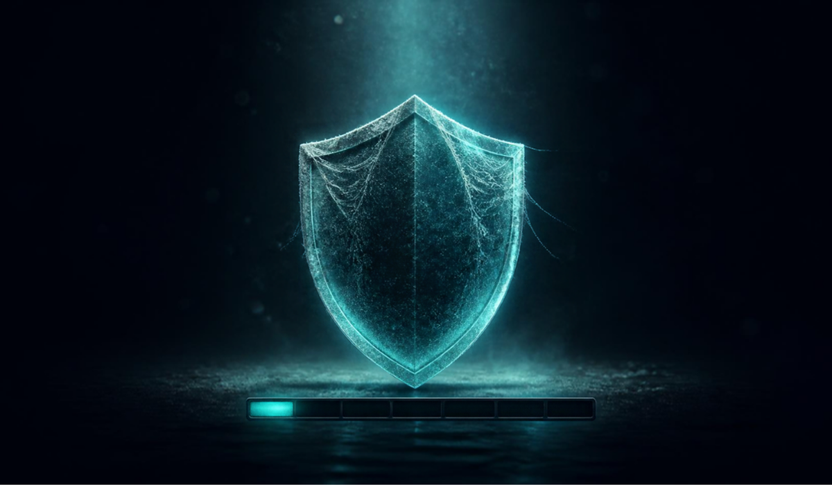 Windows Defender yeterli mi sorusunu anlatan görsel: tozlanmış, örümcek ağı bağlamış bir koruma kalkanı ve altında ilk adımında duraklamış bir güncelleme çubuğu