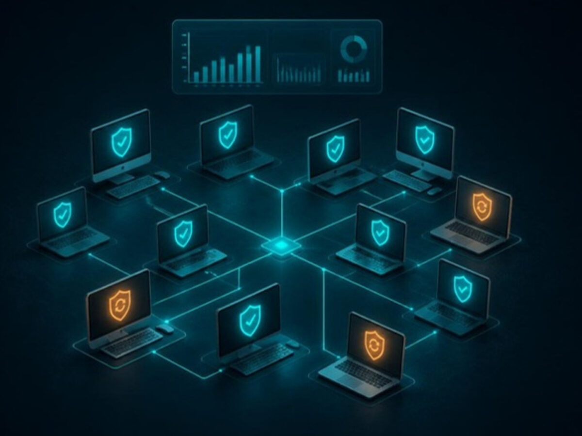 ESET PROTECT ile yönetilen şirket ağı: çoğu cihazda güncel koruma işareti, üç cihazda güncel olmayan sürüm uyarısı