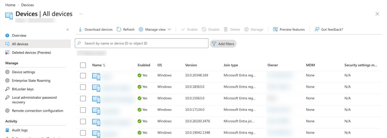 Microsoft 365 hesabı kontrolü: Microsoft Entra yönetim merkezinde kayıtlı cihazlar listesi