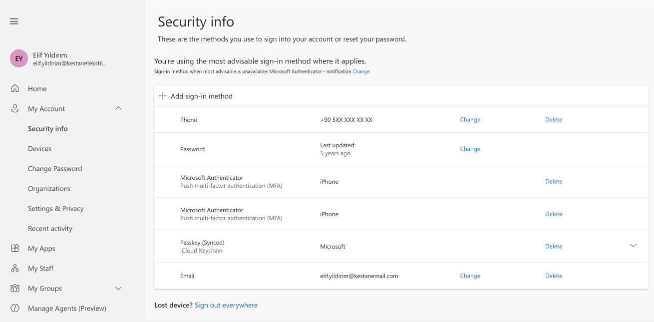 Microsoft 365 hesabı kontrolü: Security info sayfasında kayıtlı oturum açma ve MFA yöntemleri