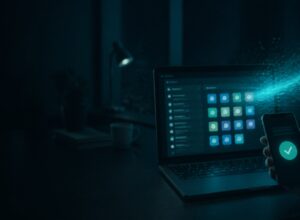 Microsoft 365 hesabı: karanlık masada uygulama ekranı açık dizüstü bilgisayar ve oturum onayı gösteren telefon