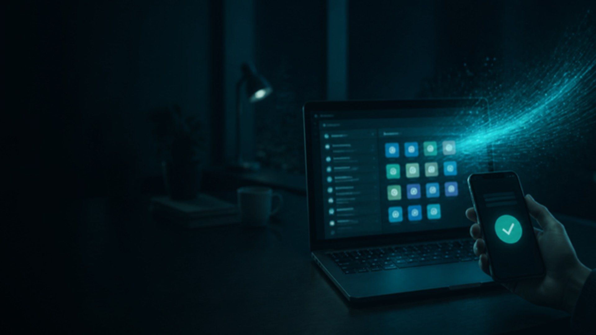 Microsoft 365 hesabı: karanlık masada uygulama ekranı açık dizüstü bilgisayar ve oturum onayı gösteren telefon