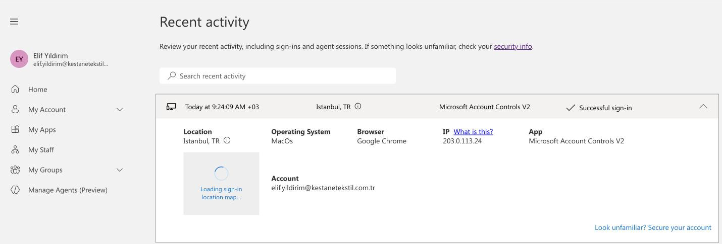 Microsoft 365 hesabı kontrolü: Recent activity sayfasında oturum açma kayıtları, konum ve IP adresi
